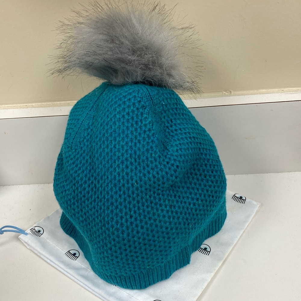 💯 Cashmere Luxurious Green Hat Gray Pom Pom